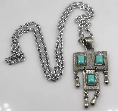 Vintage Sarah Coventry Turquoise Color Silver Tone Chain Pendant Necklace 30  • $9.50