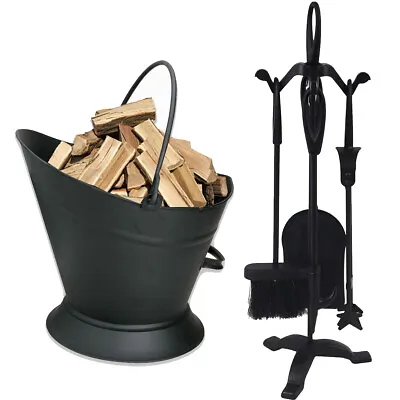 Black Waterloo Coal Storage Bucket With 5 Piece Companion Set Fireside Stand • £37.99