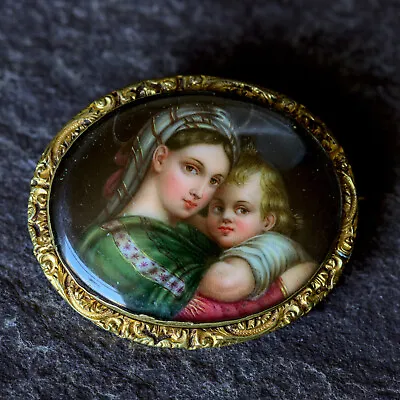 ANTIQUE GOLD GRAND TOUR LOCKET BROOCH MADONNA W/ BABY JESUS RAPHAEL C1860 • $450