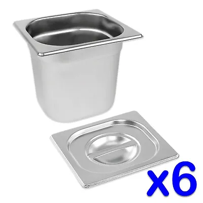 6 X Gastronorm Pan 1/6 Stainless Steel Gastro Container Bain Marie Food Pot Lid • £70.99