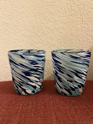2 Hand Blown Art Glass 10 Oz. Confetti Swirls Blue Drinking Glasses Mexican 4  • $32.99