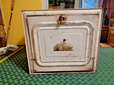 Vintage Metal Tin Cream Kitchen Pantry Bread Cake Box W Shelf Hinged Door • $14.02