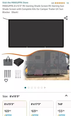 8ft X 15ft 3in RV Awning Shade/ Sun Screen Camper (Black) Complete Kit Mikkuppa • $29.95