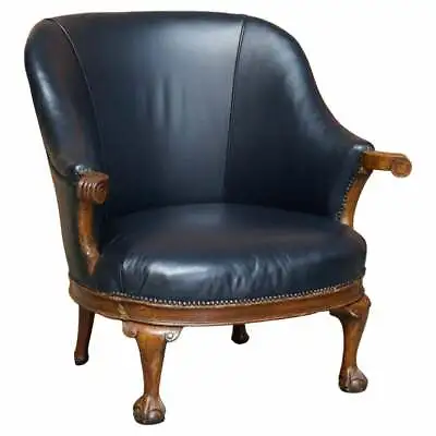 Antique Regency Circa 1810-1820 Claw & Ball Oak Framed Blue Leather Armchair • £2850