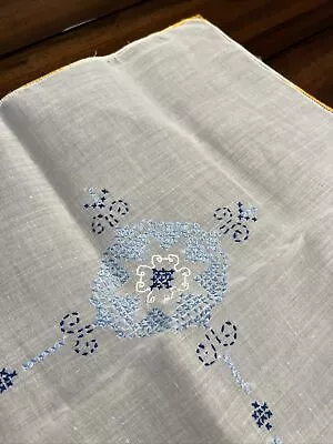 Vtg Handmade Cross Stitch Tablecloth Topper 32 Sq Cream Blue Medallion Yellow • $14.99