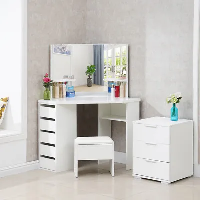 £149.99 • Buy White Wood Corner Dressing Table Corner Makeup Desk 5 Drawer 3 Mirror And Stool