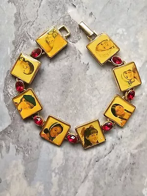 Rare Photo Charm Bracelet Vtg American Girl Doll Portraits Gold Panel Rhinestone • $27.35