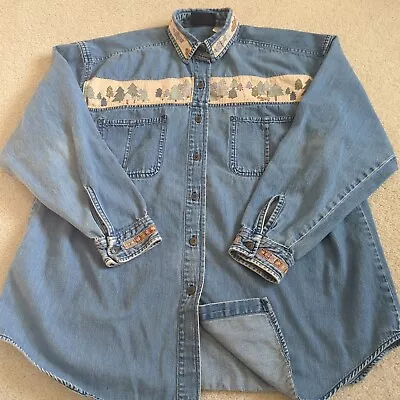 Faded Glory Shirt Womens Large Blue Denim Button Up Outdoor Print Vintage 90s • £21.23