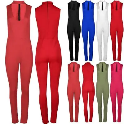 Ladies Womens Back Zip Up All In One Jumpsuit V Plunge Front Keyhole Playsuit • £8.49