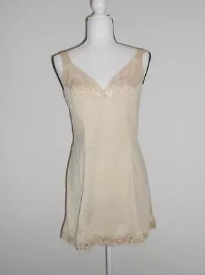 Vintage Valisere Full Slip 42 French 10 US Beige Nude Lace Trim Made In France • $14.99