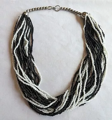 Vintage 80's 90's Black White Seed Bead Silver Toned Necklace 18  Jewelry Beaded • $16.99