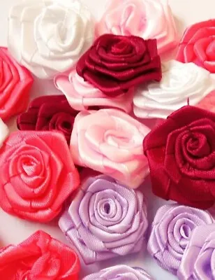 20 Satin Ribbon Flowers  Rosebuds 4cm 40mm5colours Scrapbook Card Applique Dress • £3.99