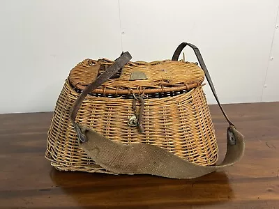 Vintage Wicker Fishing Bait Tackle Basket With Leather And Canvas Strap • $14