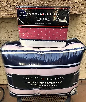 Tommy Hilfiger Twin-XL 5pc Navy Pink ~ Dorset Comforter & Sham + Emory Sheet Set • $99.95