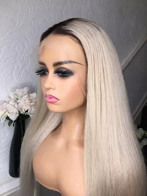 Women T Lace Front Wig Long Straight Heat Resistant Synthetic Hair Ombre Blonde • £19.99