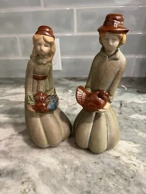 Vintage Pilgrim Man With Turkey And Woman With Fruit/Veg Thanksgiving Figurines • $19