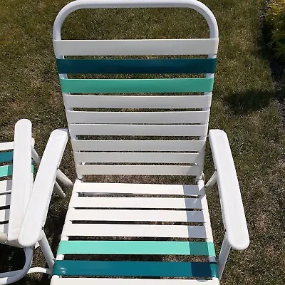 Vinyl Straps Folding Beach Lawn Chair Pool Patio Cabin Camp Picnic Green White • $35