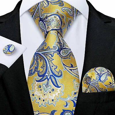 ITALIAN DESIGNER Yellow & Blue PAISLEY SILK TIE HANKY & CUFFLINKS  • £11.49