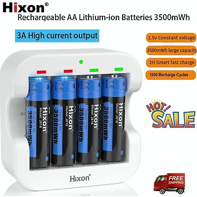 4 X 1.5V 3500mWh AA Lithium Li-ion Rechargeable Batteries With Charger Hixon LOT • £27.54