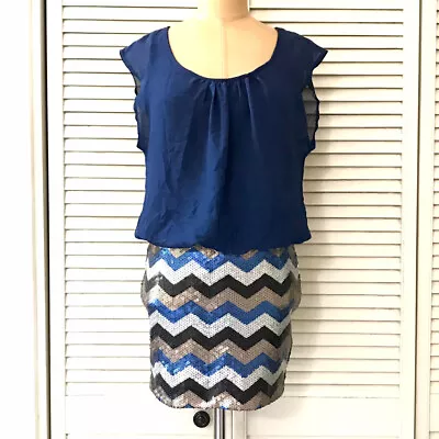 As U Wish Womens Dress Small Blue Sequin Chevron Blouson Evening Cocktail Party • $4