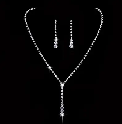 Elegant 'Y' Design Necklace & Earring Silver Tone Diamonte / Diamante Set NEW • £4.89
