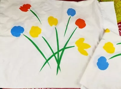 Vtg Pair Marimekko Tulips Standard Size Pillowcase Red Yellow Blue 20x30 • $15