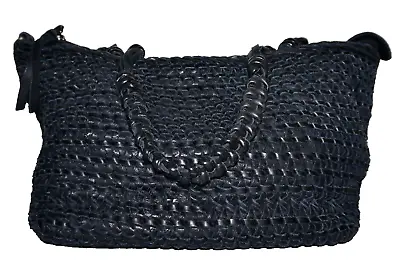 90's Vintage CUSTOM CRAFTED Black Woven Leather Slouchy Handbag • $39.99