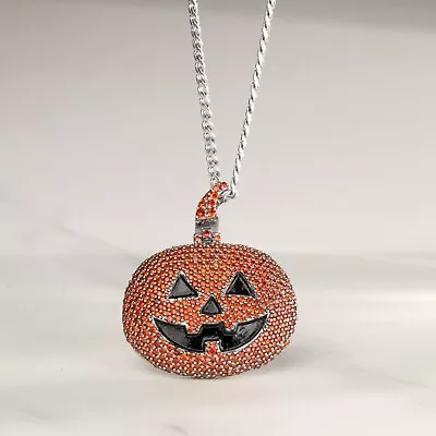 Iced Out Pumpkin Pendant Necklace Orange Diamonds Sterling Silver Black Enamel • $256.95