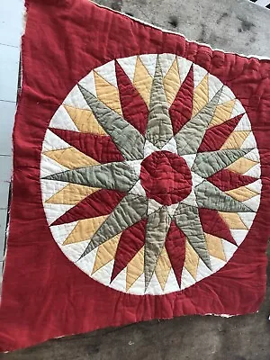 Quilt Piece Mariner Compass Pattern  In Colors Of Red / Tan/ Green? /Gold Cream • $55