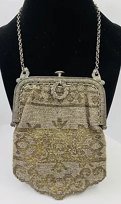 Antique Purse French Micro Beaded Bag Cut Steel Beads W/Wreath & Dolphin Frame • $49.99