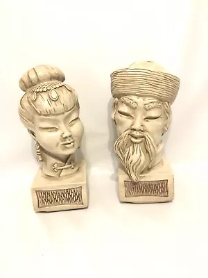 Universal Statuary Corp. Asian Man & Woman Ceramic Busts Statues Chicago 1960 • $140