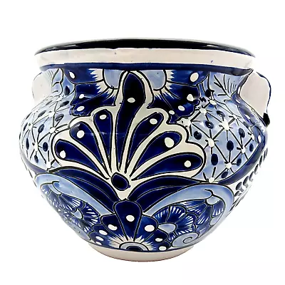 Talavera Pottery Planter Mexican Ceramic Flower Pot Blue White Hand Painted 12in • $72