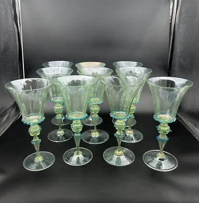 10 Venetian Murano Hand Blown Goblet Wine Glasses Green Blue Rigaree Salviati • $850