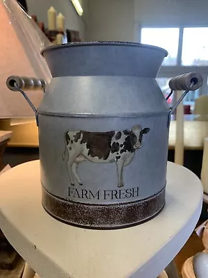 Metal Milk Can With Friesian Cow On Rustic Grey With Wooden Handles 16x14cm • £14