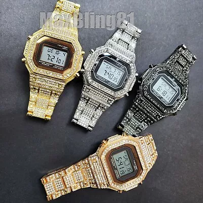 Hip Hop Jewelry Iced Icy Bling Lab Diamond Metal Band Digital Date Alarm Watch • $24.99