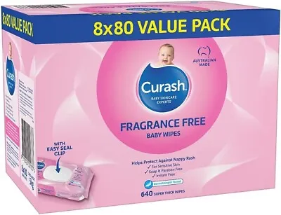 Curash Fragrance Free Baby Wipes 640 Wipes (8 X 80 Pack) • $28.55