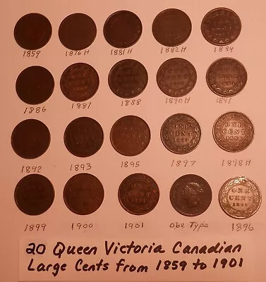 World Coin Lot:  20 Queen Victoria Canadian Large Cents From 1859 To 1901 • $50