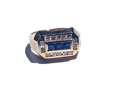 1Ct Natural Sapphire & Diamond Men's Ring Solid 14K Yellow Gold • $1125