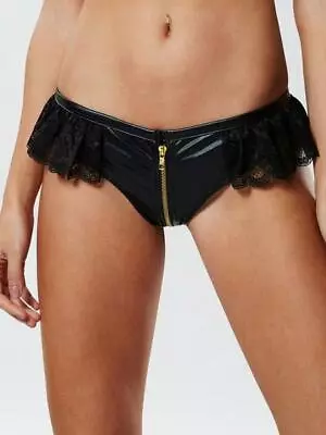 Ann Summers Tasha PVC Look & Lace Black Zip Knickers - Small (8-10) *FREE POST* • £19.99