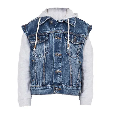 Boys Denim Jacket With Fleece Sleeves Detachable Hood Kids Trucker Classic Coat • £13.99