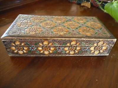 Folk Art Antique Wood Trinket Box Wood Carved Colored Primitive Flowers Apx 7  L • $164.50