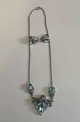 Vtg Signed Van Dell Sterling Silver Aqua Blue Rhinestone Set Necklace Earrings • $89