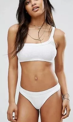 Zulu & Zephyr Sz 8 One Shoulder White Ribbed Wireless Top Hipster Bottom Brief • $49