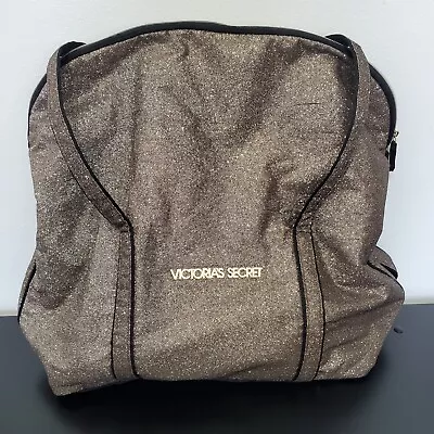 VICTORIA'S SECRET Zipper Gold Metallic Glitter Black Trim Weekend Tote Bag • $17.60