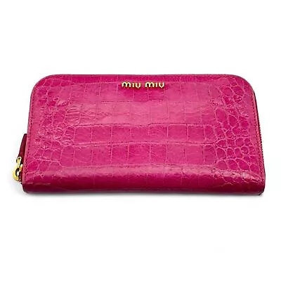 Miu Miu Embossed Leather Pink Long Zip Around Wallet Gold Logo W/Box • £77.11