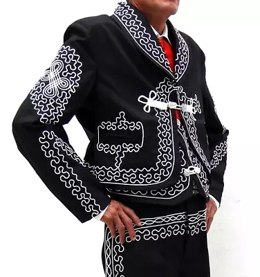 Men 2pc Tailor Made Black Cotton Embroidered Mariachi Black Wedding Party Suits • $1294.92