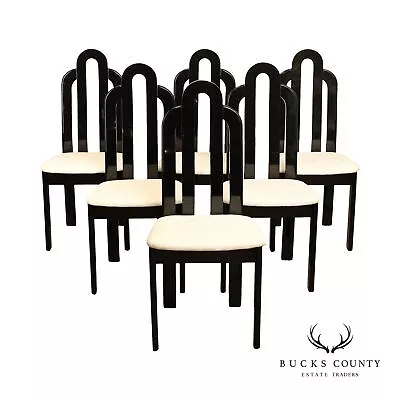 Italian Art Deco Style Set Of Six Black Lacquered Dining Chairs • $1495