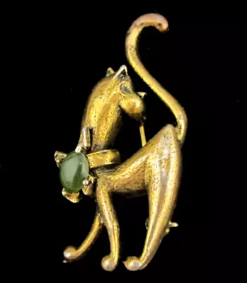 Vintage Mid Century Modern Cat Brooch Pin Antiqued Gold Tone Nephrite Accent • $13.59