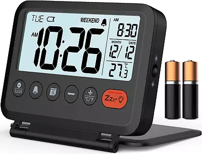 Digital Travel Alarm Clock Black 3.54 Inch LCD Display 9-Minute Snooze 2 Vol • $26.99