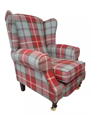 Accent Wing Back Queen Anne Cottage Chair Balmoral Cherry Tartan Dark Wood Legs • £479